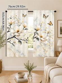 2pcs Vintage Magnolia Butterfly Pattern Printed Curtains, Single-Sided Printing, Semi-Sheer - Rod Pocket Curtains, Bedroom Living Room Kitchen Decor, Multiple Sizes Available, Privacy Protection, Machine Washable, Fade-Resistant Curtains (Rod Not Included) - A - View 15