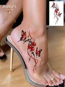 1pc Temporary Tattoo Sticker, Watercolor Red Butterfly & Red Fruit Ribbon Design, Realistic Ink Style Fake Tattoo, Water Transfer Body Art Sticker, Suitable For Wrist Arm, Holiday Party Daily Decoration, Fit For Women Girls - Black - View 3