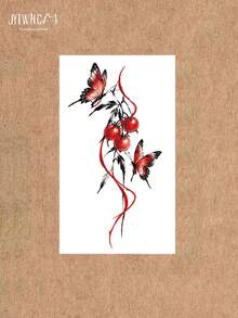 1pc Temporary Tattoo Sticker, Watercolor Red Butterfly & Red Fruit Ribbon Design, Realistic Ink Style Fake Tattoo, Water Transfer Body Art Sticker, Suitable For Wrist Arm, Holiday Party Daily Decoration, Fit For Women Girls - Black - View 4