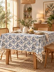 1pc Blue Floral Tassel Tablecloth, Linen Texture Country Style Dining Tablecloth, French Pastoral Home Decor Tablecloth - Blue - View 2