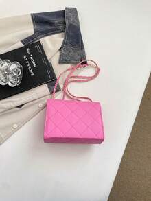 Faux Pearl Ring Decor Quilted Mini Square Bag, Women Chain Strap Flap Shoulder Crossbody Purse - Pink - View 11