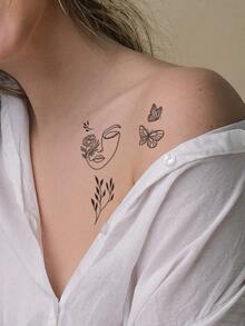 4PCS Creative Floral Butterfly Human Face Bird Pattern Party Gift Holiday Gift DIY Music Festival Temporary Tattoo Stickers For Arm Shoulder Neck Collarbone Waterproof Body Skin - Black - View 6