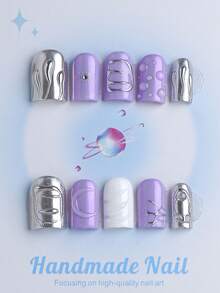 10PCS-Handmade Press On Nails, Square Shape, Fake Nails, Fall Nails,Y2K Style, Sturdy, Reusable, Purple, Paired With French Style, 3D Design, Suitable For Autumn,Winter,Daily Wear, Parties, Vacations, And Also The Best Holiday Gift For Women. - Purple - View 1