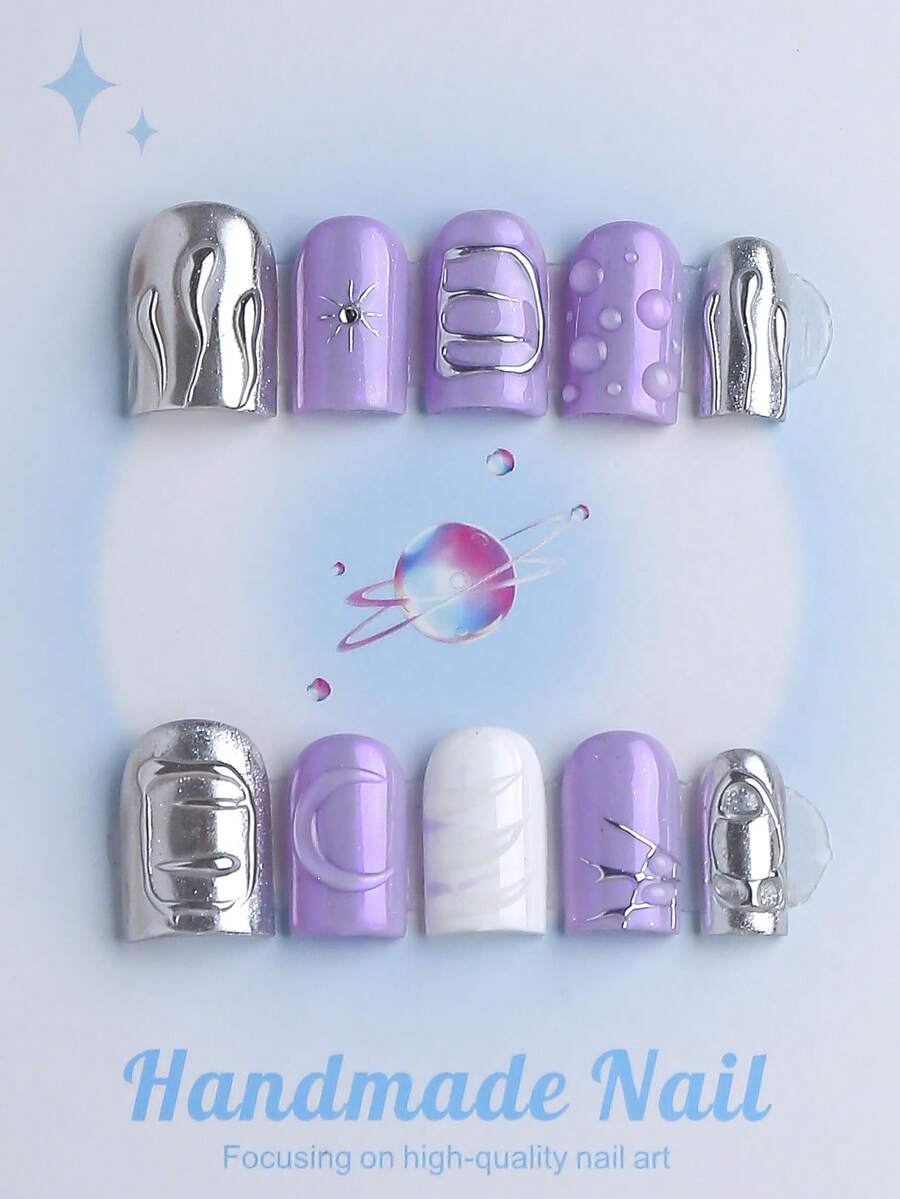 10PCS-Handmade Press On Nails, Square Shape, Fake Nails, Fall Nails,Y2K Style, Sturdy, Reusable, Purple, Paired With French Style, 3D Design, Suitable For Autumn,Winter,Daily Wear, Parties, Vacations, And Also The Best Holiday Gift For Women. - Purple - View 1