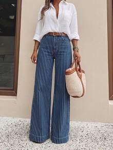QIFXER Women's Vintage Striped Denim Straight Leg Pants, Mid-Stretch, Button Pocket Design, Suitable For Casual Or Party Wear - Dark Wash - View 4