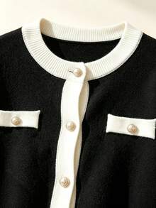 Girls 2pcs Elegant Knit Sweater Set, Contrast Color Round Neck Button Cardigan + Side Stripe Knit Pants, Autumn Campus Style Daily Outfit For Girls - Black - View 4
