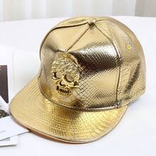 1件骷髏金屬Logo皮革平帽簷嘻哈帽，派對個性化春夏秋冬四季通用帽，中性棒球帽萬聖節帽 - 骷髏帽 - 查看 13