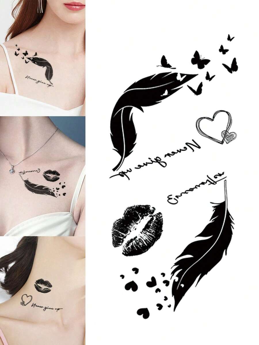 1pc Black Feather Lip Print Heart English Pattern Party Gift Holiday Gift DIY Music Festival Temporary Tattoo Sticker For Arm Shoulder Neck Collarbone Waterproof Body Skin Tattoo - Black - View 1