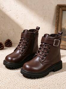 1 Pair Coffee Boots With Buckle And Lace-Up Decor, Side Zipper Design, Round Toe Non-Slip Sole, Classic Cargo Style Style Ankle Boots, Suitable For School, Travel, Holiday And Party Outfits, Autumn/Winter New Arrival - Coffee Brown - View 1