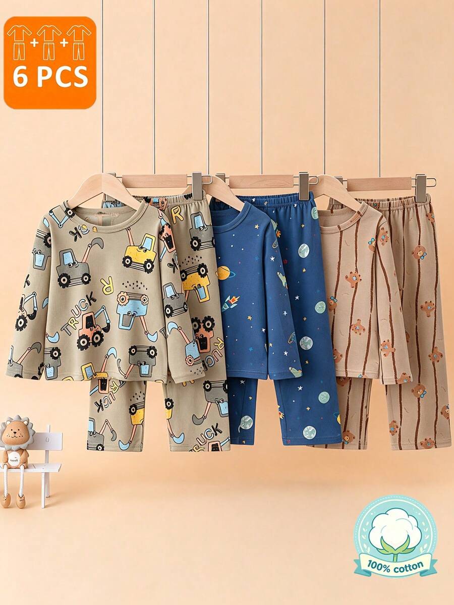6pcs/Set Boys Spring/Autumn Thin Pajama Set, Dinosaur Excavator Airplane Print, Long Sleeve Long Pants Loungewear, Full Body Cartoon Print