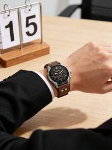 Men's Fossil CH2891 Analog Chronograph Wrist Watch,Brown Rivet‑Decorated Textured Band,Silver Metal Case,Sport Aviation‑Inspired Casual Dress Watch - Black - View 3