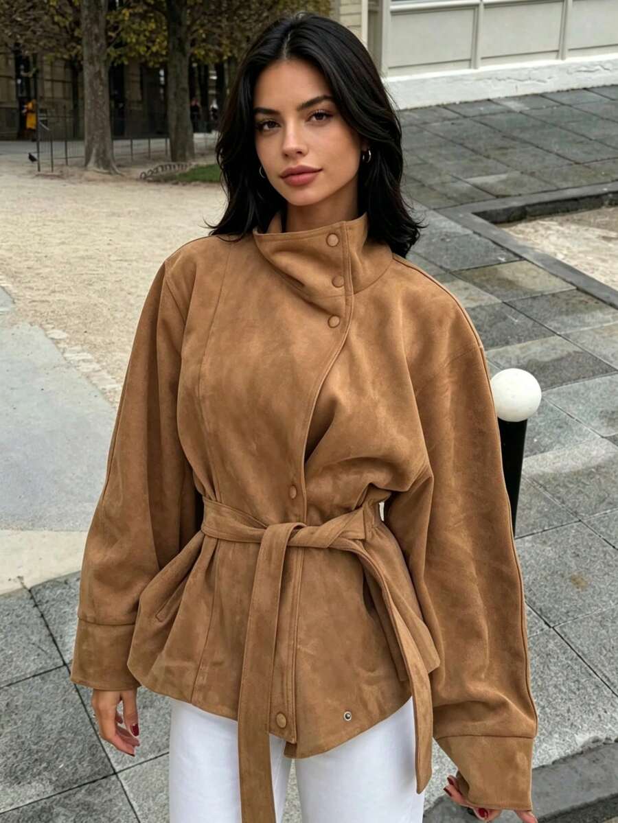 DEEKA Autumn New Women's European And American Style Fashion Minimalist Versatile Belted Suede Texture Effect Jacket - Khaki - View 1