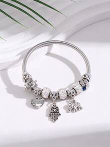 1 pieza Brazalete atractivo de acero inoxidable con diseño de diamante de imitación elefante & accesorio mano Hamsa para mujeres para decoración diaria - Plateado - Ver 1