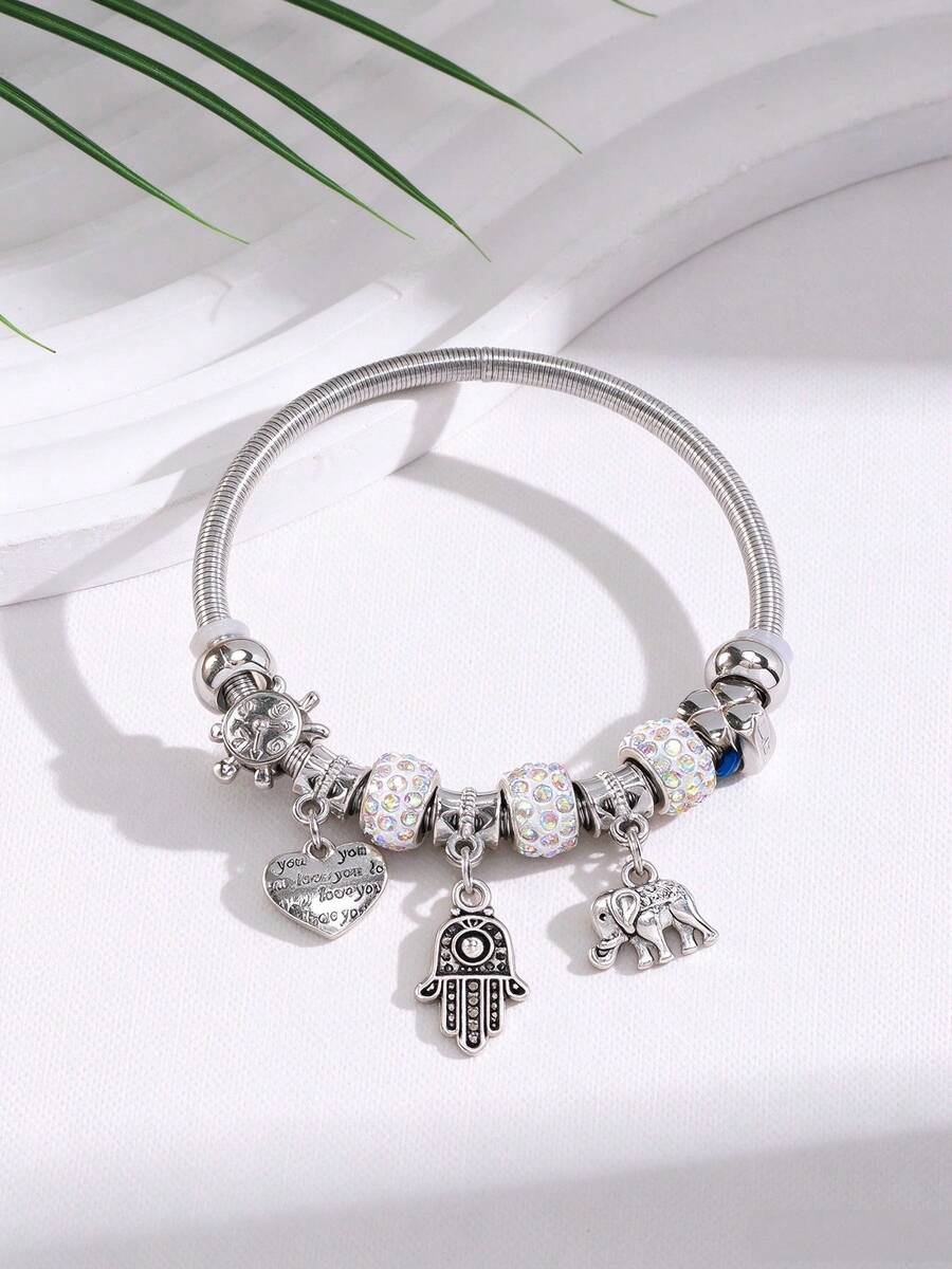 1 pieza Brazalete atractivo de acero inoxidable con diseño de diamante de imitación elefante & accesorio mano Hamsa para mujeres para decoración diaria - Plateado - Ver 1