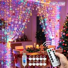 1 Pack, 300/200/100 LED Christmas Curtain Lights With Remote Control, USB Powered, 8 Lighting Modes, Timer Hanging Fairy String Lights For Bedroom, Wall, Wedding, Party, Christmas Decoration - Multi-color light - View 8