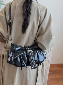 Fashion Niche Design Autumn/Winter New High-End Rivet Motorcycle Bag Sweet Cool Style Versatile Underarm Bag Shoulder Bag Crossbody Bag Motorcycle Bag - Multicolor - View 2
