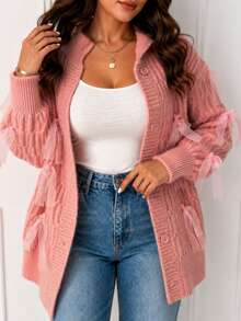 Women's Plus Size Textured Knit Cardigan With Organza Bow, Stand Collar Button Front, Autumn/Winter Office Casual Knit Top - Watermelon Pink - View 1