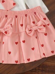 2pcs Baby Girl Cute Preppy Style Ribbed Long Sleeve Top + Heart Print Corduroy Skirt Set, Thin For Spring/Autumn - Coral Pink - View 7
