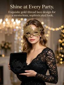 1pc/Gold Thread Lace Mask, Women's Hollow Half-Face Venetian Style Mask, Elegant Ball Gown Eye Mask, Festival Party Costume Accessory, Exquisite Gold Thread Embroidery Design, Create Mysterious Elegant Look - A-Gold - View 3