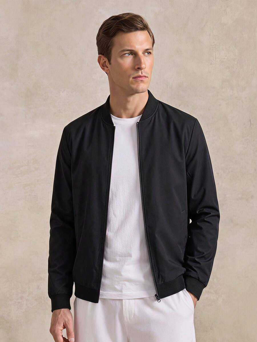 Courvante Jaket Baseball Kasual Olahraga Luar Ruangan dengan Kerah Tegak, Warna Polos, Resleting, Hitam - Hitam - View 1