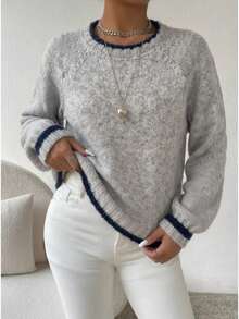 Sweater Lengan Panjang Raglan Leher Bulat dengan Trim Colorblock untuk Wanita Ukuran Plus, Pakaian Kasual Sehari-hari yang Penting 2026 - Grey - View 5