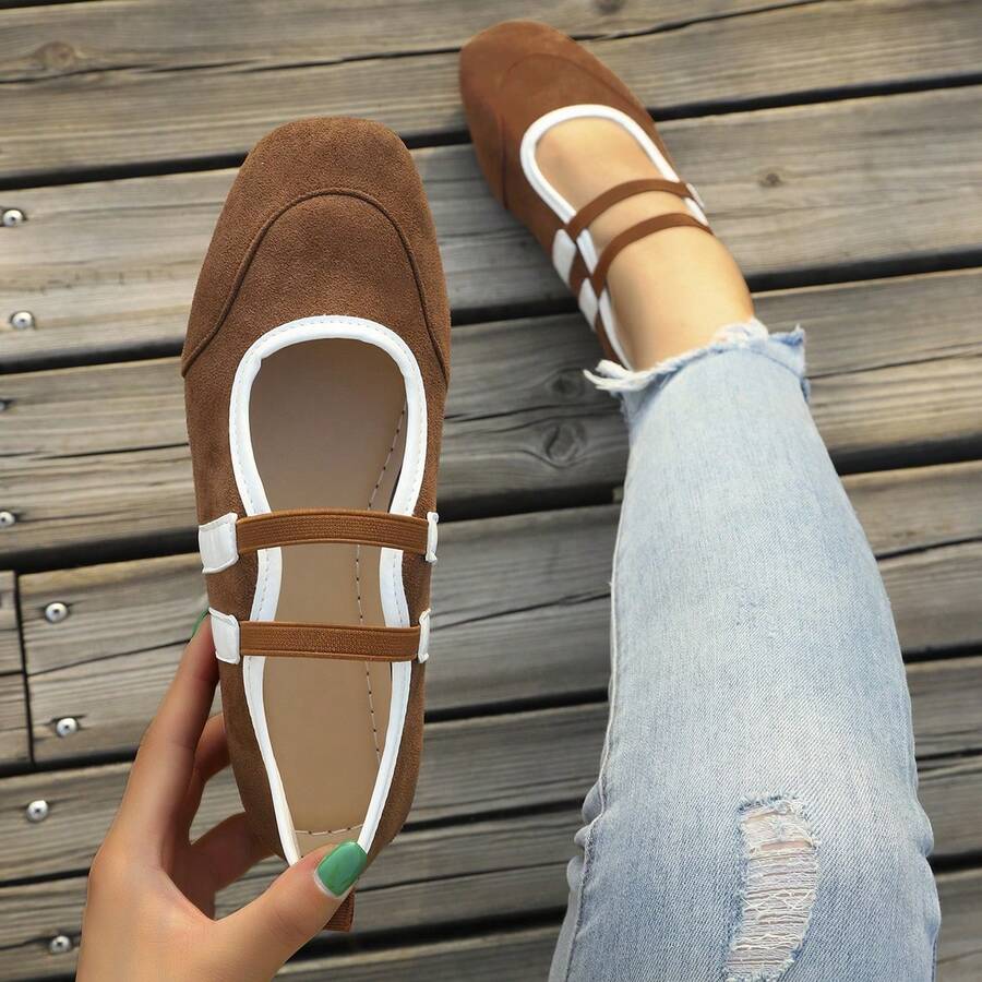 Women's Colorblock Double Strap Square Toe Low Vamp Flat Mary Jane Shoes Casual Daily Commute Spring Autumn Brown White Suede Ballet Shoes - Brown - View 1