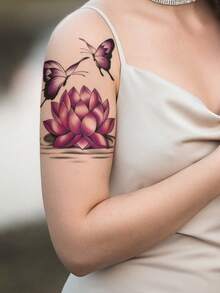 2PCS Black & Purple Gradient Aesthetic Delicate Butterfly & Lotus Pattern Party Gift DIY Holiday Gift Music Festival Temporary Waterproof Tattoo Stickers For Arm, Back, Leg - Multicolor - View 1