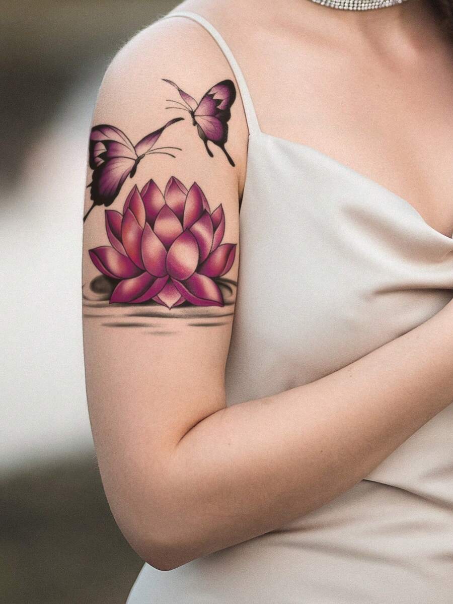 2PCS Black & Purple Gradient Aesthetic Delicate Butterfly & Lotus Pattern Party Gift DIY Holiday Gift Music Festival Temporary Waterproof Tattoo Stickers For Arm, Back, Leg - Multicolor - View 1