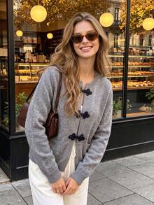 Cardigan Kancing Katak Vintage Wanita, Leher Bulat, Lengan Panjang, Sweater Rajut Gaya Preppy - Grey - View 5