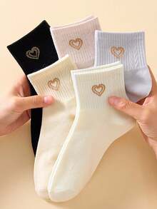5 Pairs Women's Short Socks, Heart Pattern Ankle Socks, Simple And Comfortable, Suitable For All Seasons - Multicolor - View 6
