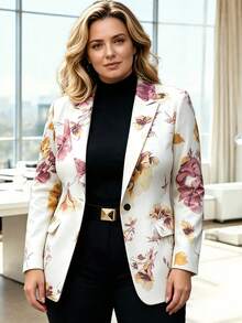 HOMEYEE Floral Print Long Sleeve Blazer Jacket With Pockets, Vintage Elegant Casual Suitable For All Seasons, Plus Size Vacation White Fall - White - View 6