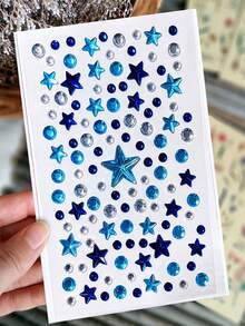1 Sheet Blue Star Rhinestone Face Sticker, Self-Adhesive 3D Star & Round Crystal Gems, Sparkly Eye Face Body Jewel Decal, Halloween Christmas Music Festival Rave Party Makeup DIY Decor For Women Cosplay Photoshoot - Multicolor - View 3