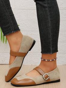 1Pair Women Color Block Faux Suede & PU Buckle Strap Comfort Non-Slip Square Toe Mary Jane Flat Shoes,Vintage For Daily Holiday - Apricot - View 4