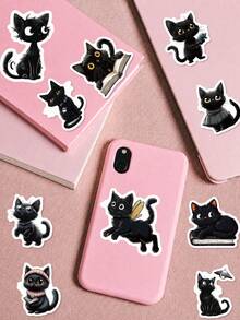 56Pcs Cartoon Black Cat Stickers, Dark Cute Cartoon Style, Including Black Cats, Pumpkins, Brooms, Magic Hats, Potion Elements, For Journal Collage, Water Bottle, Luggage, Skateboard, Tablet, Notebook, Storage Box, DIY Craft Decoration - Multicolor - View 3