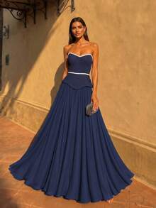 VIPGIRL Strapless Bandeau Pleated Fishtail Elegant High Waist A-Line Full Skirt Dress For Prom And Evening Party - Blue - View 3