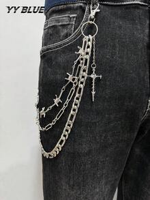 YY BLUE 1pc Thorn Multi-Layer Pants Chain, Cross Pendant Punk Style Metal Thick Textured Iron Chain, Men's Women's Waist Chain, Jeans Accessory - Silver - View 5