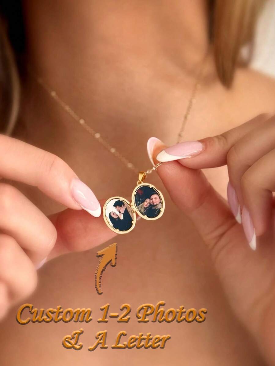 Personalized Photo Engraving Letter Locket Necklace Custom Locket With Two Pictures Memory Gift For Her/Mom Handmade - Multicolor - View 1