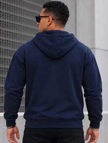 Hoodie Pria Warna Biru Tua dengan Resleting, Sweatshirt Lengan Panjang dengan Tali Serut, Saku Kanguru, dan Trim Bergaris, Cocok untuk Kembali ke Sekolah, Pakaian Sehari-hari, dan Bepergian - Navy Blue - View 3
