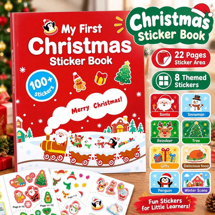Christmas Themed Sticker Book | 100+ Cartoon Stickers, Baby Focus Enlightenment Sticker Book, 22 Pages Themed Scene Sticker Book, 8 Pages Stickers, Toddler Early Education Educational Christmas Small Gift, Christmas Gift Children Educational Handmade Quiet Book Toy, Baby Fun Focus Cartoon Sticker Book, Fun DIY Sticker Activity Book Children Christmas Gift