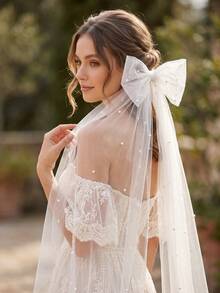 1 pieza Lazo de cabello extra largo de malla transparente con decoración de perlas falsas, velo de novia, accesorio de boda multiusos - Blanco - Ver 3
