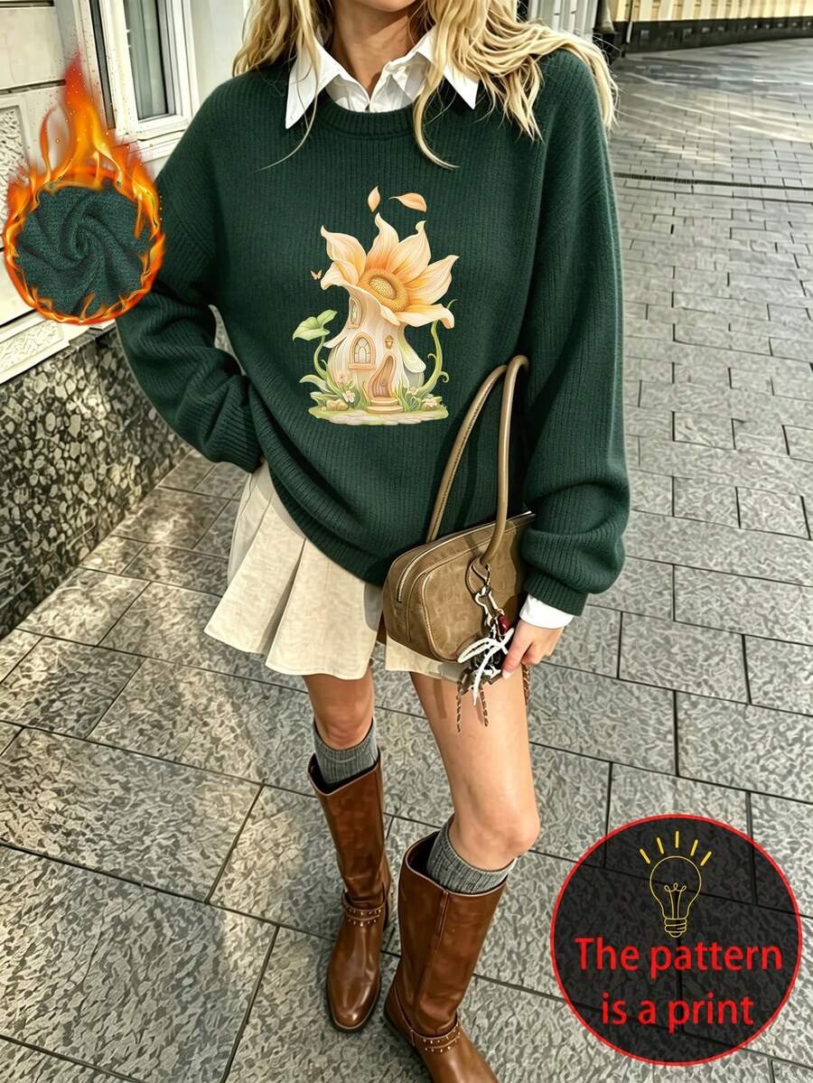 Plus-Size Women's Knitted Sweater Imitation, Fairy Tale Sunflower Cottage Print, Casual And Simple, Autumn And Winter Top, Perfect For Everyday Wear. - Dark Green - View 1