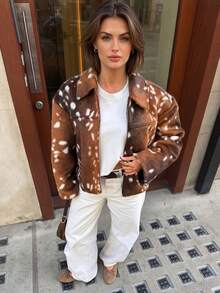 ZAHM Women Fawn Spotted Faux Fur Lapel Zip Up Cropped Jacket, Retro Soft Animal Print Fluffy Warm Outerwear For Fall Winter Streetwear - Brown - View 1