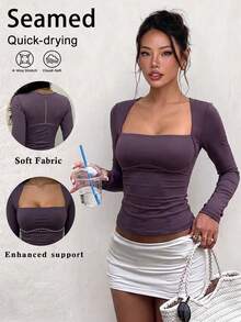 Sexy Low Neck Long Sleeve Fitted Top With Removable Padding, No Bra Needed, Slimming Comfortable Elastic, Suitable For Fitness Yoga Running Pilates Commute Dating Outing, Versatile Fashion Autumn Winter Essential - Purple - View 1