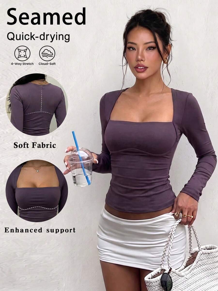 Sexy Low Neck Long Sleeve Fitted Top With Removable Padding, No Bra Needed, Slimming Comfortable Elastic, Suitable For Fitness Yoga Running Pilates Commute Dating Outing, Versatile Fashion Autumn Winter Essential - Purple - View 1