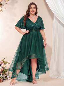 XUCTHHC Plus Size Elegant Party V-Neck Ruffle Sleeve Sequin High-Low Hem Mesh Skirt Formal Ball Gown, Wedding Guest, Cocktail Party, Holiday, Autumn/Winter - Dark Green - View 1