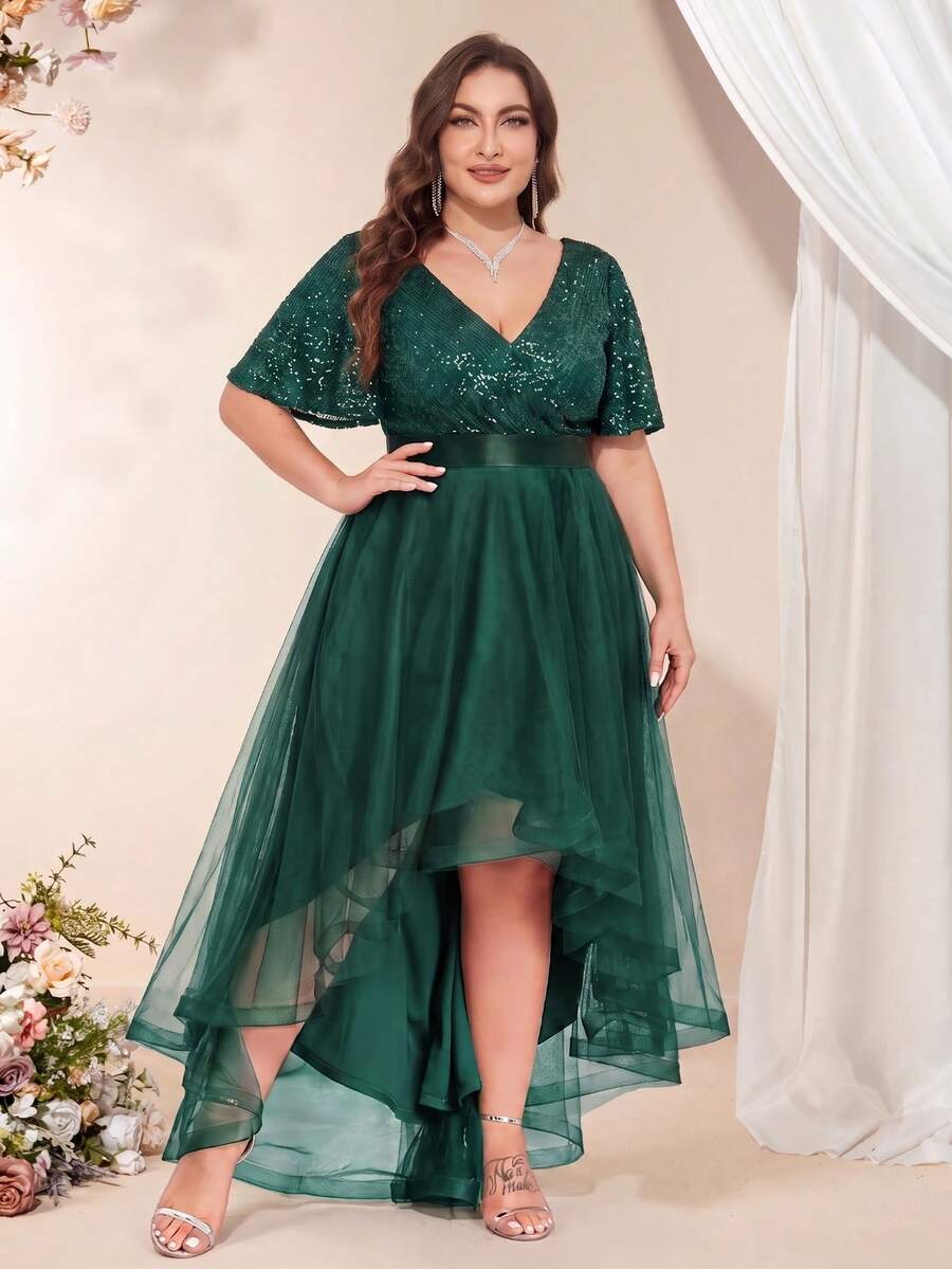 XUCTHHC Plus Size Elegant Party V-Neck Ruffle Sleeve Sequin High-Low Hem Mesh Skirt Formal Ball Gown, Wedding Guest, Cocktail Party, Holiday, Autumn/Winter - Dark Green - View 1