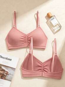 1pc Women's Wireless V-Neck Ruched Front Adjustable Spaghetti Strap Pink Soft Seamless Knit Fabric Comfortable Minimalist Bra, Suitable For Daily Casual Wear - Pink - View 6
