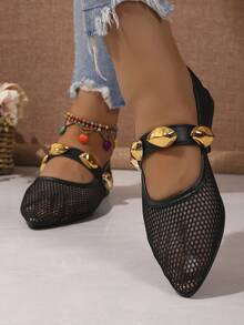 Women Breathable Mesh Mary Jane Flats, Point Toe Gold Tone Metal Accent Strap, Fashion Hollow Out Slip On Daily Dress Shoes - Black - View 3