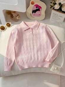 Girls' College Style Solid Color Cable Knit Lapel Sweater Long Sleeve Button Front Pullover Suitable For School Daily Casual Spring Autumn Winter - Pink - View 5