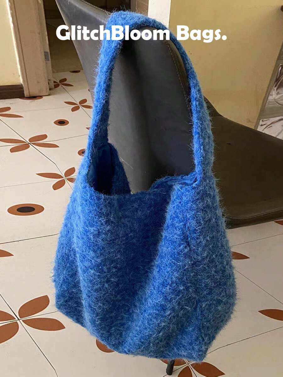 Solid Color Autumn/Winter New Lazy Plush Tote Bag Woolen Bucket Bag Large Capacity Commuter Shoulder Underarm Bag - Blue - View 1